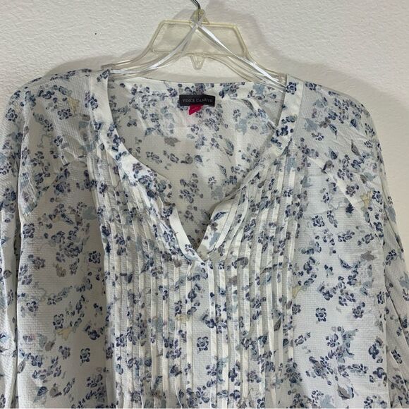 Vince Camuto Tranquil Peasant Blouse, White Blue Yellow Babydoll Top Size Medium - Picture 2 of 9